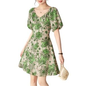 WLZD V-Neck Puff Sleeve A-Line Mini Dress Green Floral Size 4